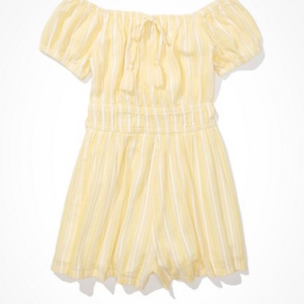 🍋 American Eagle Yellow Striped Off-Shoulder Romper – Size Large 🍋